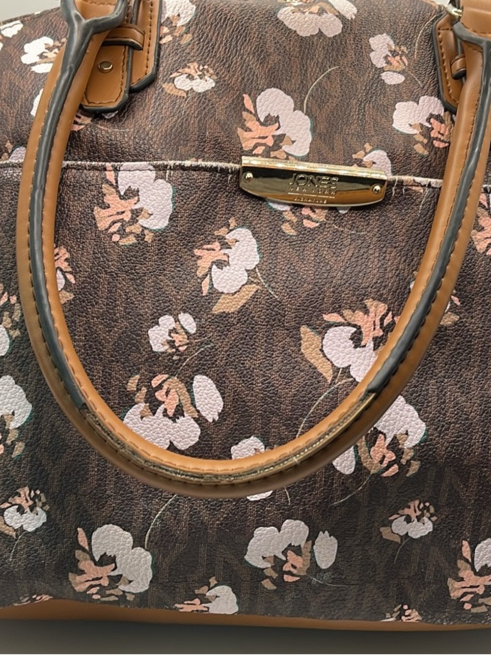Jones New York Brown Floral Satchel with Pink and Tan Blossoms